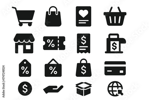 Shopping and e-commerce glyph icon set. Solid pictograms for retail, online store. Includes cart, bag, basket, wishlist, coupon, checkout, discount, payment, and delivery.