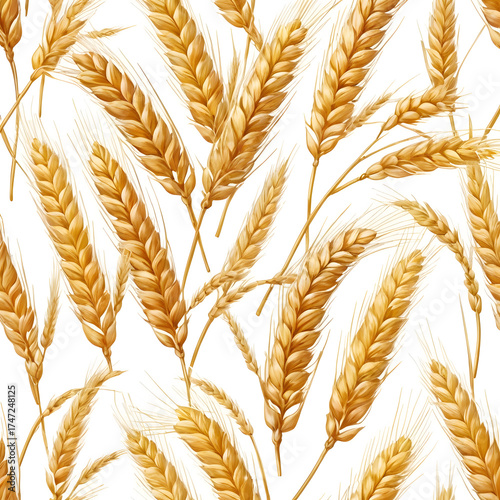 Golden Wheat Stalks with Elongated Grains and Wispy Awns on White Background