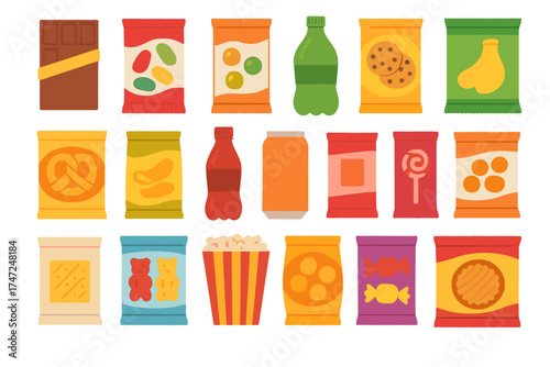 Snack package icon set. Junk food in flat design. Vending machine product collection. Chips, chocolate, candy, cookies, soda, pretzel, popcorn vector illustration elements.