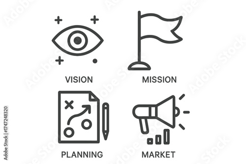 Thin line business and marketing icons set for web and mobile. Includes Vision, Mission, Planning, Market symbols. For corporate strategy, company goals, and development.