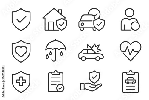 Insurance thin line icon set. Health, life, car, and home protection. Outline pictogram pack for web and mobile apps. Vector symbols of security, safety, risk, policy, and claim.