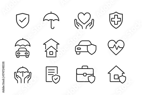 Vector insurance line icon pack. Car, home, life, health safety concept. Outline symbols for protection and security. Linear pictogram set for website and mobile app design.