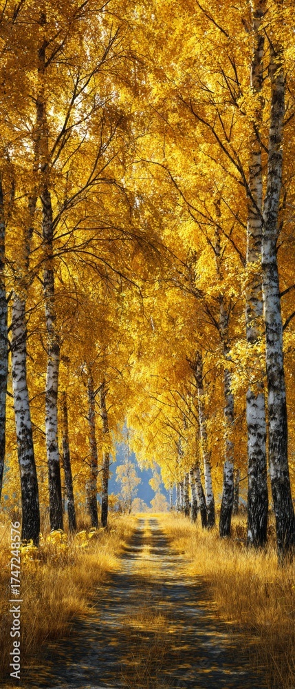 Fototapeta premium Nature's golden blanket: an enchanting birch grove in early frost. Fantasy poster. Golden birch alley by road: autumn's quiet elegance with frozen grass. Advertising photo.