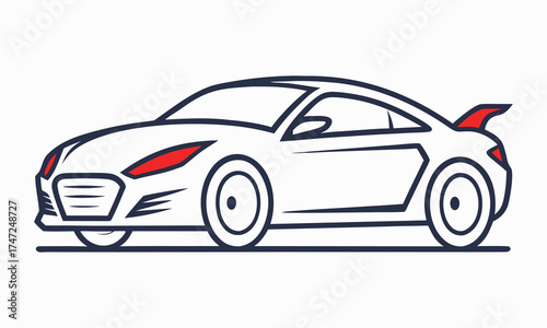 Minimalist Line Art Sports Car Icon with Blue Outline and Red Accents

