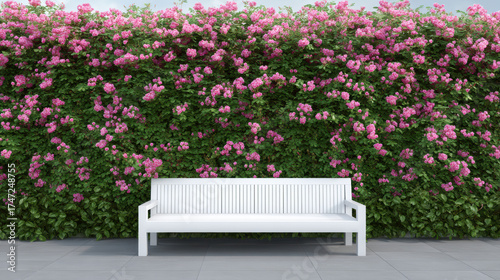 Fototapeta Naklejka Na Ścianę i Meble -  A charming white bench sits invitingly before a lush wall of pink roses and vibrant green foliage in a serene and idyllic outdoor garden setting on a clear day.