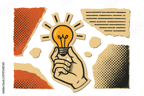 Concept of a new idea. Hand holding a lightbulb. Vintage vector collage illustration. Retro poster with torn paper, magazine clippings and halftone effect. Inspiration.