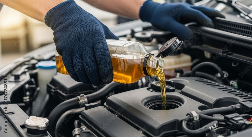 Obraz premium Mechanic pouring oil into car engine for maintenance and repair in auto workshop