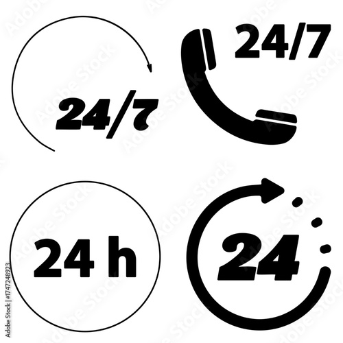 Group of black 24 7 icons on a white background. Vector illustration.