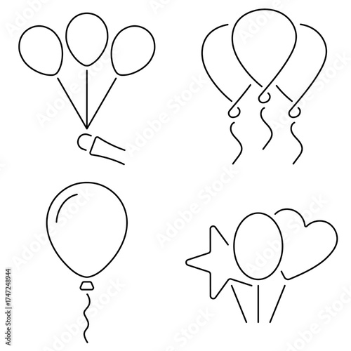 Group of black balloons icons on a white background. Vector illustration.