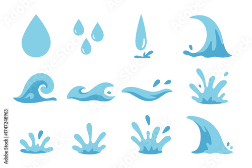 Water drops and splashes set. Graphic elements in flat design. Bundle of swirl and curl waves, liquid flow, falling raindrops, flowing and splashing aqua motion vector icons.