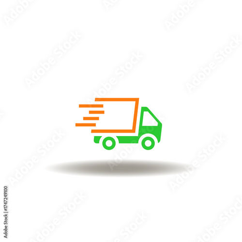 Vector illustration of truck fast moving. Symbol of delivery. Icon of distribution.