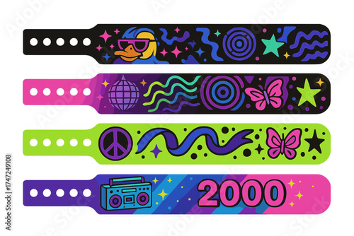 Y2K party wristband bracelet design with retro neon, nightclub access passes, wristbands for event entry, audience and artists, colorful 2000s style, disco, peace, butterfly icons