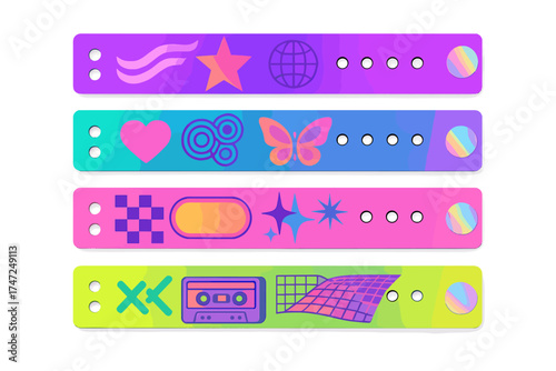 Y2K event party bracelet design set. Retro pass ticket for nightclub entrance access. Holographic identification wristband labels for entry, viewers, and artist id ribbons.
