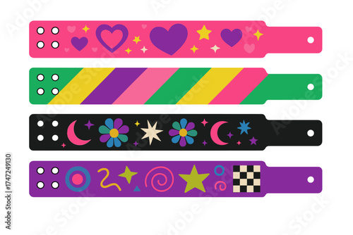 Y2K event party bracelet design set. Retro 2000s groovy festival wristband collection. Funky pass ticket for nightclub access. Abstract identification visitor entry patterns.
