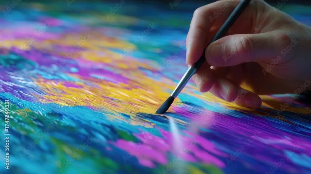 A hand drawing abstract colorful art on a canvas using a brush, showcasing creative process and skillful use of colors.