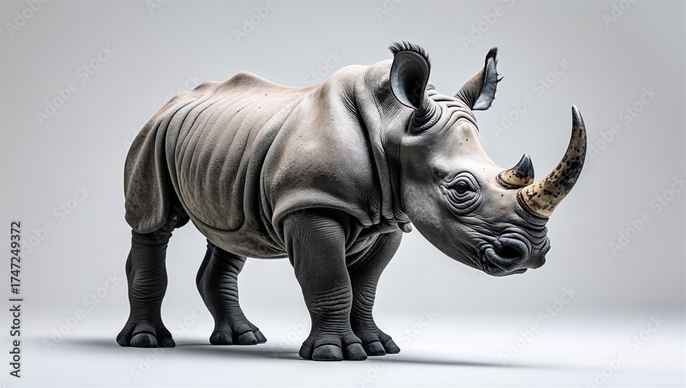 Fototapeta premium Full-length rhino calf in standing pose with stub horn and thick limbs, isolated on white