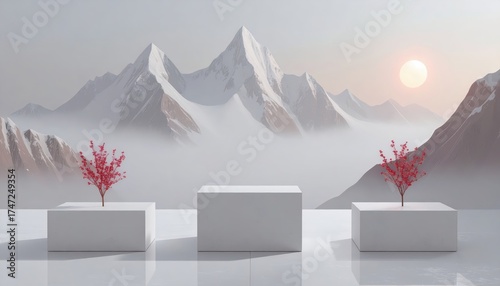 Majestic snow-capped mountains stand in the background, shrouded by mist under a serene, soft-lit sky, as three white pedestals showcase small, blossoming trees with bright red foliage, creating a...