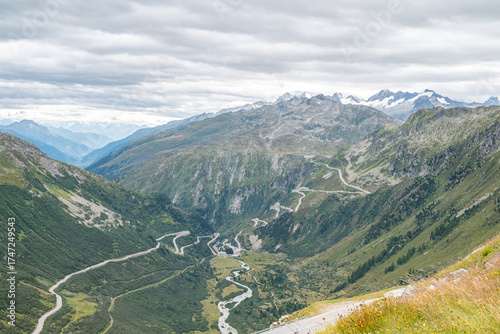 View from The Furka mountain pass towards the Grimsel mountain pass in Swiss