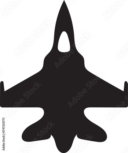 Silhouette of a modern fighter jet from above.