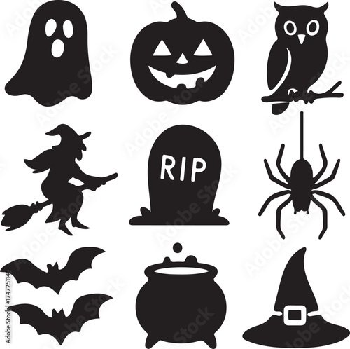 Collection of black Halloween silhouettes on white background