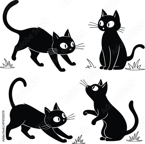 Four playful black cats in different cartoon poses.