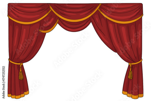 Elegant velvety red theatre curtains frame with decorative gold tassels and trim, classic opera stage drapery, vintage theatrical backdrop, vector cartoon illustration