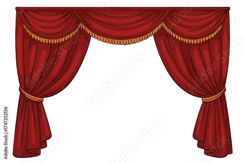 Elegant Red Theatre Curtains Frame with Velvet Texture, Decorative Opera Stage Cloth, Vector Cartoon Illustration, Transparent Background, Classic Drama Curtain Design