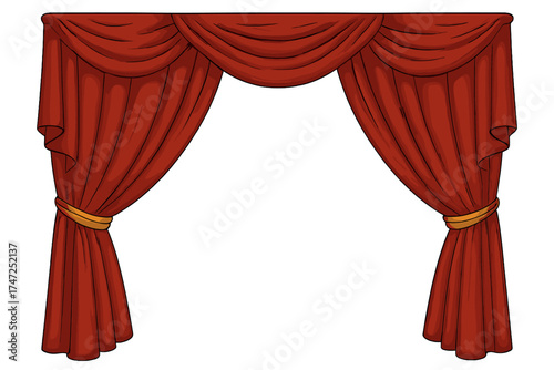Red Velvet Theatre Curtains Frame with Decorative Drapes, Opera Stage Cloth, Classic Cartoon Illustration with Transparent Background for Performance Design