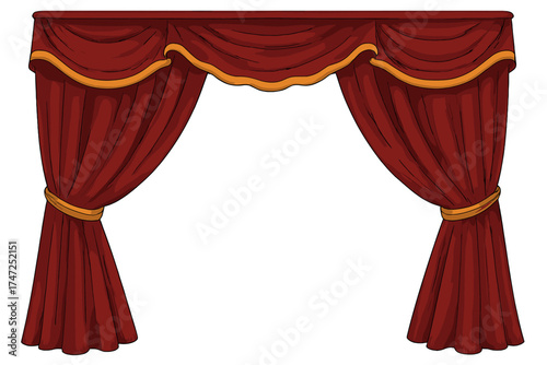 Theatre red velvet curtains frame with golden decorative trim, opera stage drapes, elegant decorative theater cloth, vector cartoon illustration with transparent background