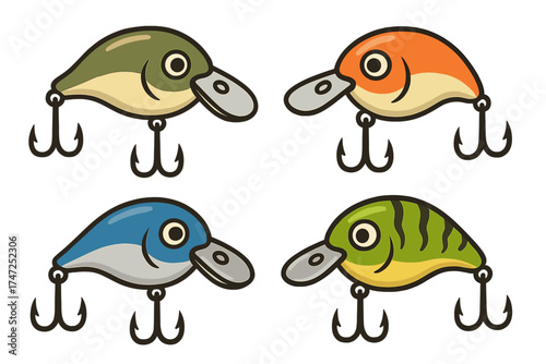 Colorful fishing wobbler lures set, cartoon style vector illustration of fishing equipment with hooks, realistic bait design for fishing enthusiasts, isolated on transparent background