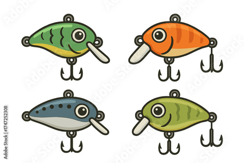Colorful fishing wobbler lures set with hooks, cartoon vector illustration icons, freshwater fishing equipment, spinning lures collection, isolated on transparent background