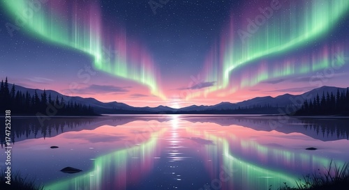 Symmetrical Auroras Embrace: Vibrant Green and Purple Lights Mirrored on a Tranquil Lake.