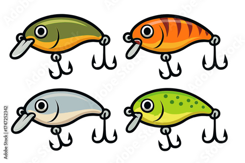 Colorful fishing wobbler lures set with hooks, cartoon vector illustration of fishing equipment, vibrant crankbait designs for anglers, isolated transparent background