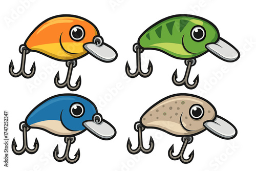 Colorful fishing lure wobbler icons set, cartoon vector illustration of orange, green, blue, and beige crankbait baits with treble hooks, fishing equipment symbols for anglers and hobby