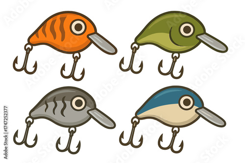 Set of four colorful fishing wobbler lures, cartoon vector illustration of crankbait baitfish with hooks, fishing equipment symbols isolated on transparent background, fishing tackle collection