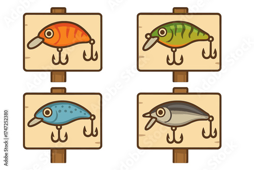 Fishing Wobbler Lure Icons Collection. Colorful Fishing Equipment Symbols, Cartoon Vector Illustration Set with Transparent Background, Artificial Baits for Freshwater and Saltwater Fishing