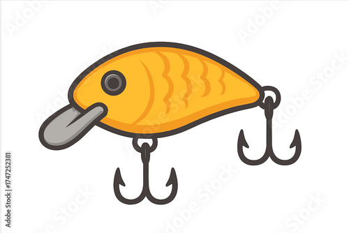 Fishing lure wobbler vector illustration, bright yellow fish-shaped fishing bait with treble hooks, cartoon fishing equipment symbol on transparent background