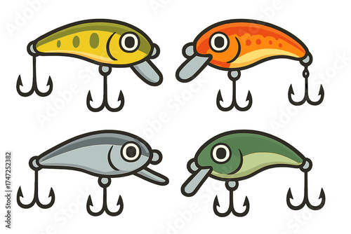 Colorful fishing lure wobbler set, vibrant cartoon fishing equipment with treble hooks, vector illustration of assorted wobbler bait for angling, transparent background