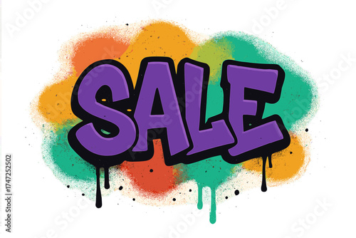 Sale in urban graffiti style. Sprayed letters with overspray, colorful abstract shapes. Vector street art illustration with leaks and drops. Textured cartoon for advertising.