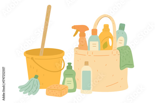 Spring cleaning concept with household supplies. Eco bag with cleaning products, bucket, mop, sponge. Housekeeping service, domestic chores and hygiene vector illustration.