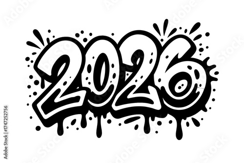 2026 date in urban graffiti style. Happy New Year number with liquid spray paint drops and splash effects. 90s hip hop street art lettering. Black and white vector for print.