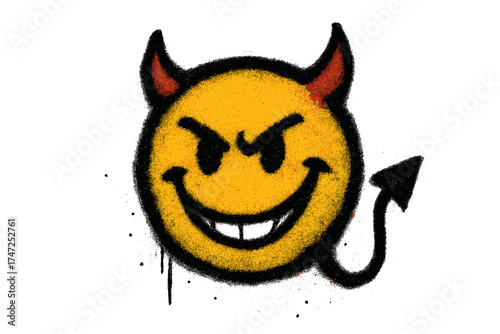 Graffiti devil emoji. Urban street art spray paint. Evil smile emoticon. 90s airbrush textured vector illustration. Mischievous cartoon character isolated on transparent background.