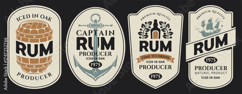 Vector set labels for a bottle of rum on an old paper background. With a barrel, ship, anchor, corkscrew, laurel wreath. Logo in vintage style. Coaster. AI is not used