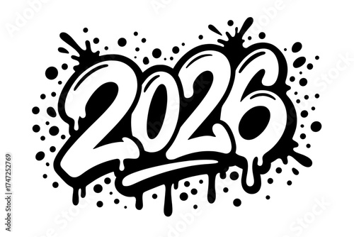 Happy New Year 2026 graffiti lettering. Urban street art number with liquid drops and splash. 90s hip hop typography. Black and white ink drawing for banner or poster.