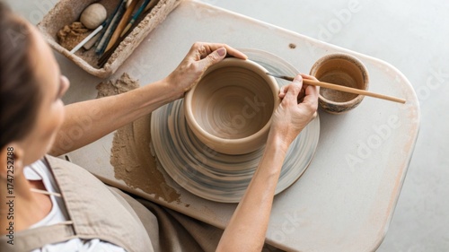 female potter makes vase on pottery wheel