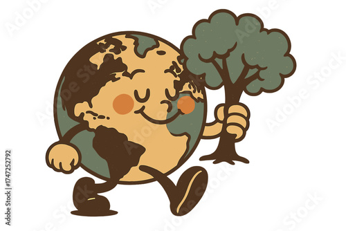 Vintage cartoon of a happy walking Earth planet character holding a tree. Retro 70s mascot for Earth Day, ecology, environment protection, and conservation. Cute groovy globe.
