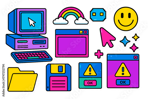 Retro computer sticker pack. Nostalgic 80s and 90s Y2K aesthetic. Old PC, user interface elements, os windows, alert message, floppy disk, folder, smiley, pixel icons vector set.