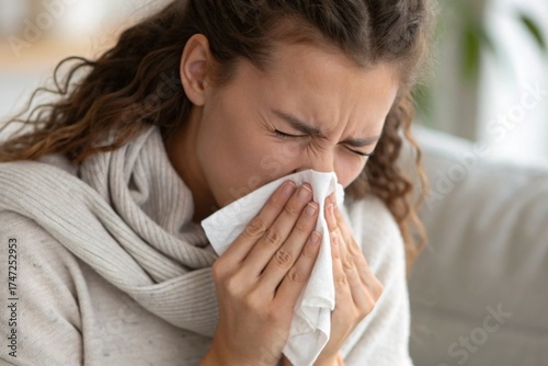 woman blows her nose into handkerchief