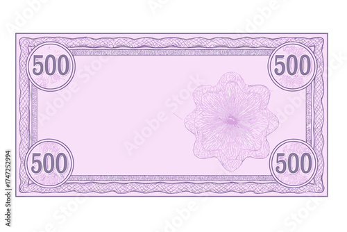 Voucher banknote 500 template with guilloche pattern, watermarks, and secure border. For gift voucher, coupon, diploma, money design, currency note. Purple certificate.