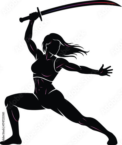 Female Samurai Silhouette Vector : Strong Woman Warrior with Sword in Action Pose